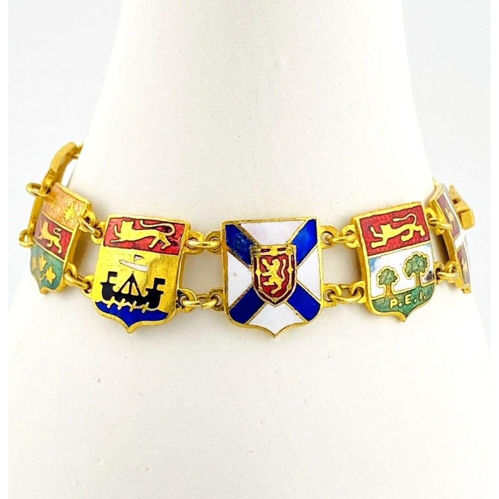 Vintage Canada Souvenir Bracelet Enamel Province Shields Gold Plate